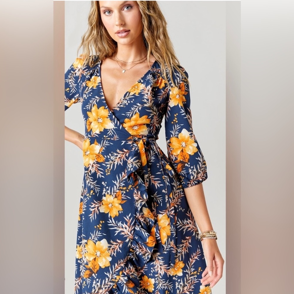Francesca's Blue Rain NWT Floral Wrap Dress XS Hi-Low Ruffle Boho - Picture 7 of 8